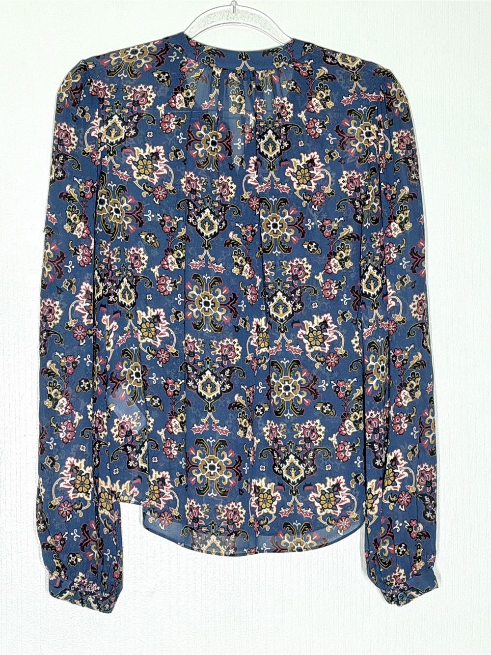 Veronica Beard Blue stone multi Floral geometric silk Blouse sheet long sleeve - Picture 2 of 7
